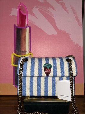 Kurt Geiger Blue and White Stripe Crossbody with Strawberry Accent